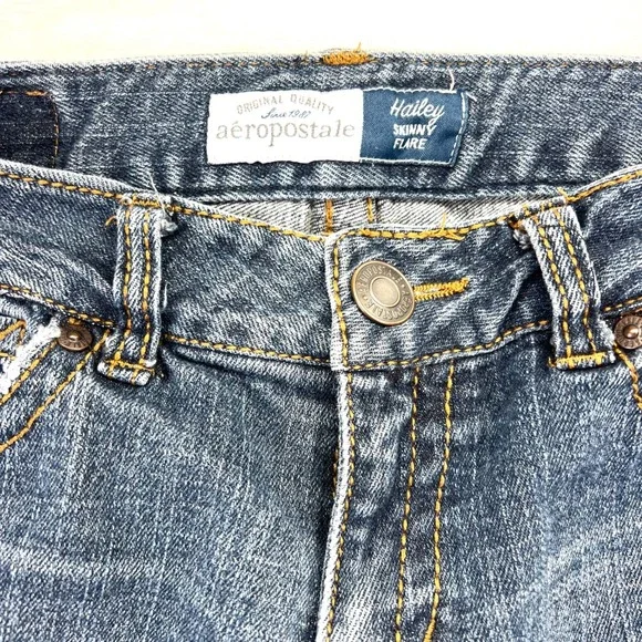 Vintage Y2K Aeropostale Skinny Flare Jeans Womens 3/4 Low Rise Distressed - Picture 4 of 11